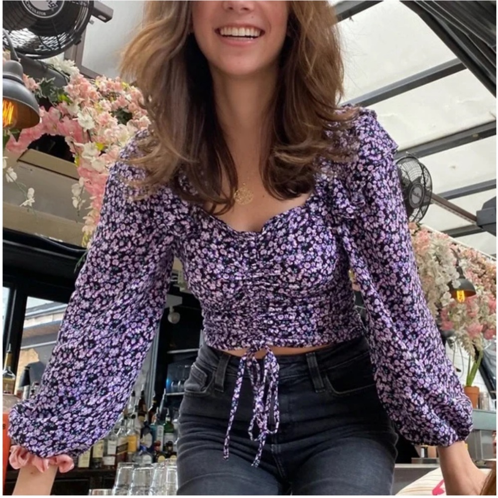 J19 Zara Blouse Top Women Purple Black Floral  Ruched Back Zipper